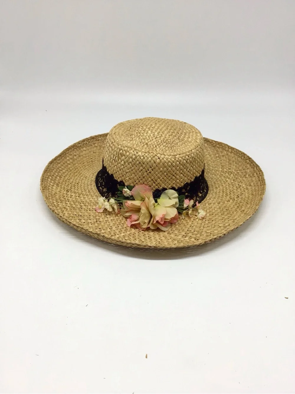 Straw Sun Hat with Peach Floral Trim